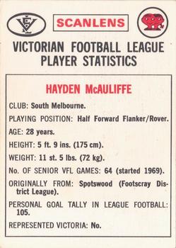 1974 Scanlens VFL #85 Haydn McAuliffe Back
